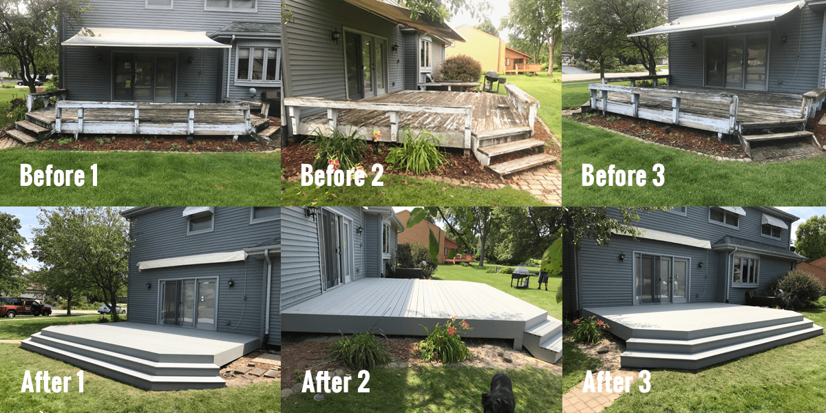 Before-and-after photos of a deck renovation; showing a weathered wooden deck transformed to a modern gray composite deck with steps.