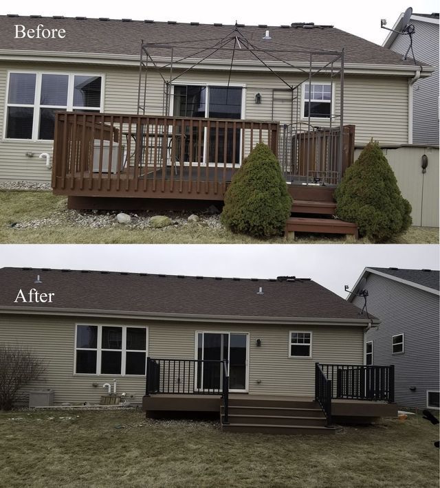 Deck renovation: Brown deck replaced with a black railing, matching brown trim, tan siding, and updated window frames.