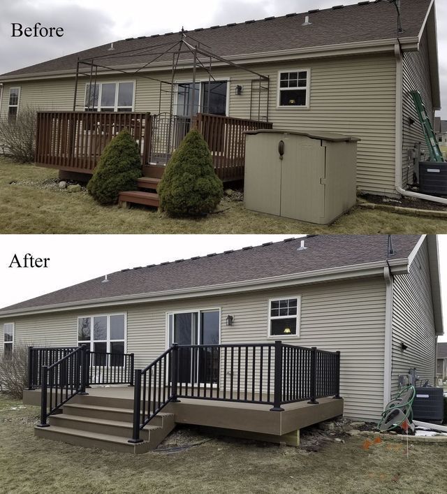 Comparison: Before and after of a deck. New black railing and tan deck replace the old wooden deck.