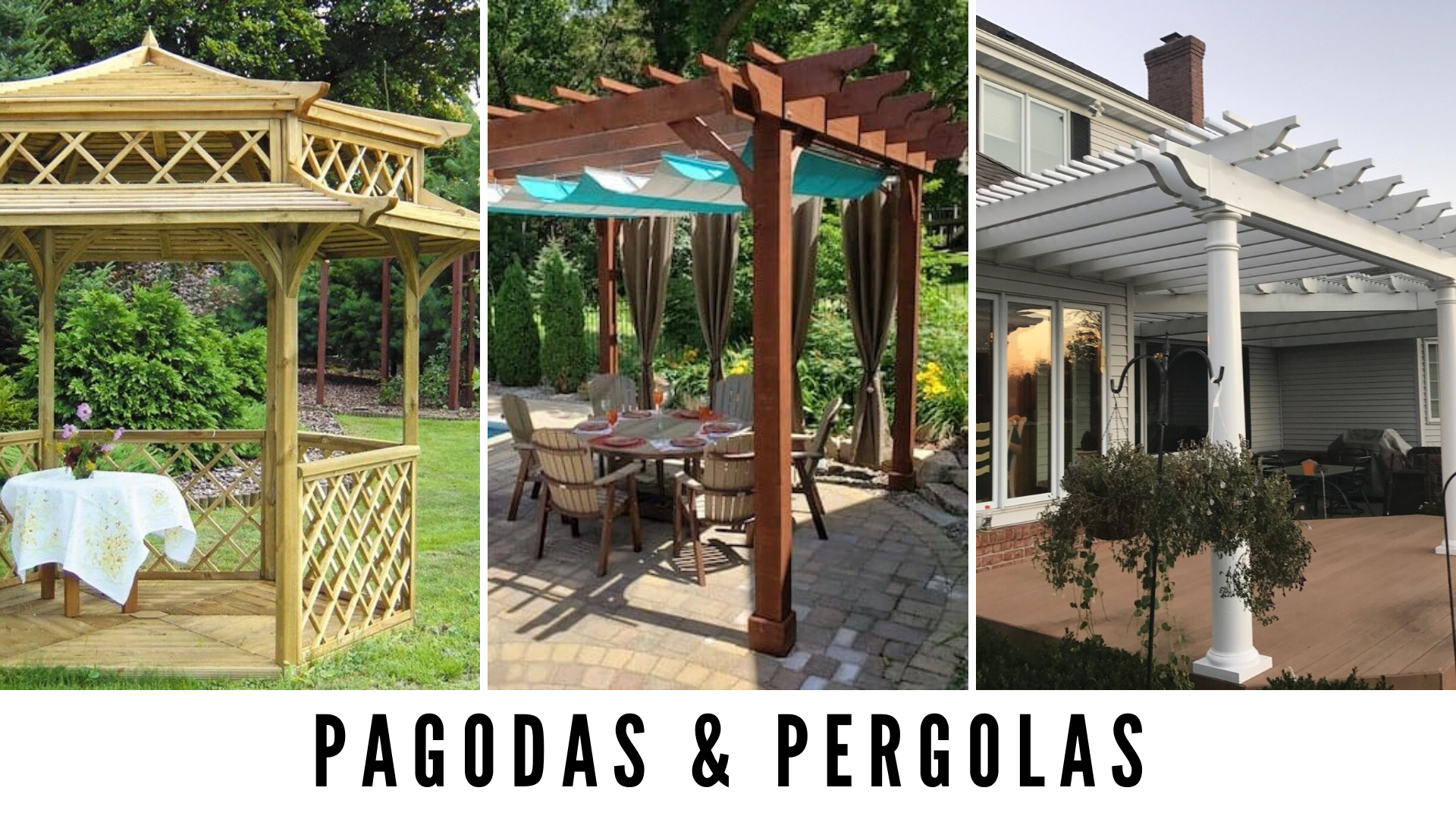 Pagodas and pergolas: Wooden structures in gardens. One is a gazebo, two are open-topped.