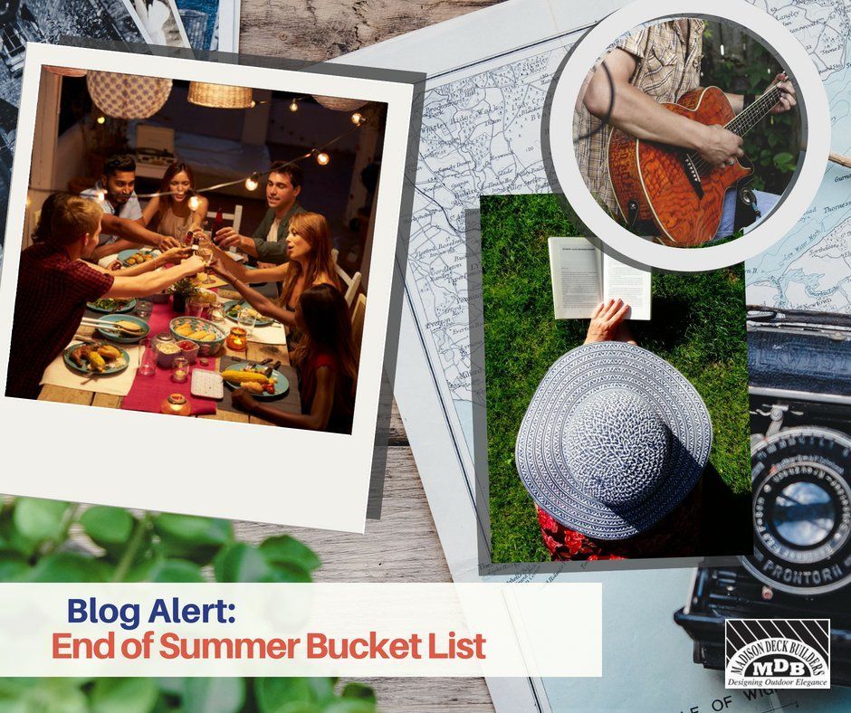 End-of-summer bucket list collage. Friends dining, person reading, guitarist, and map background.