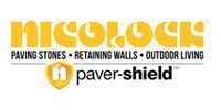 Nicolock logo in yellow and black, featuring text for paving stones, retaining walls, and outdoor living.