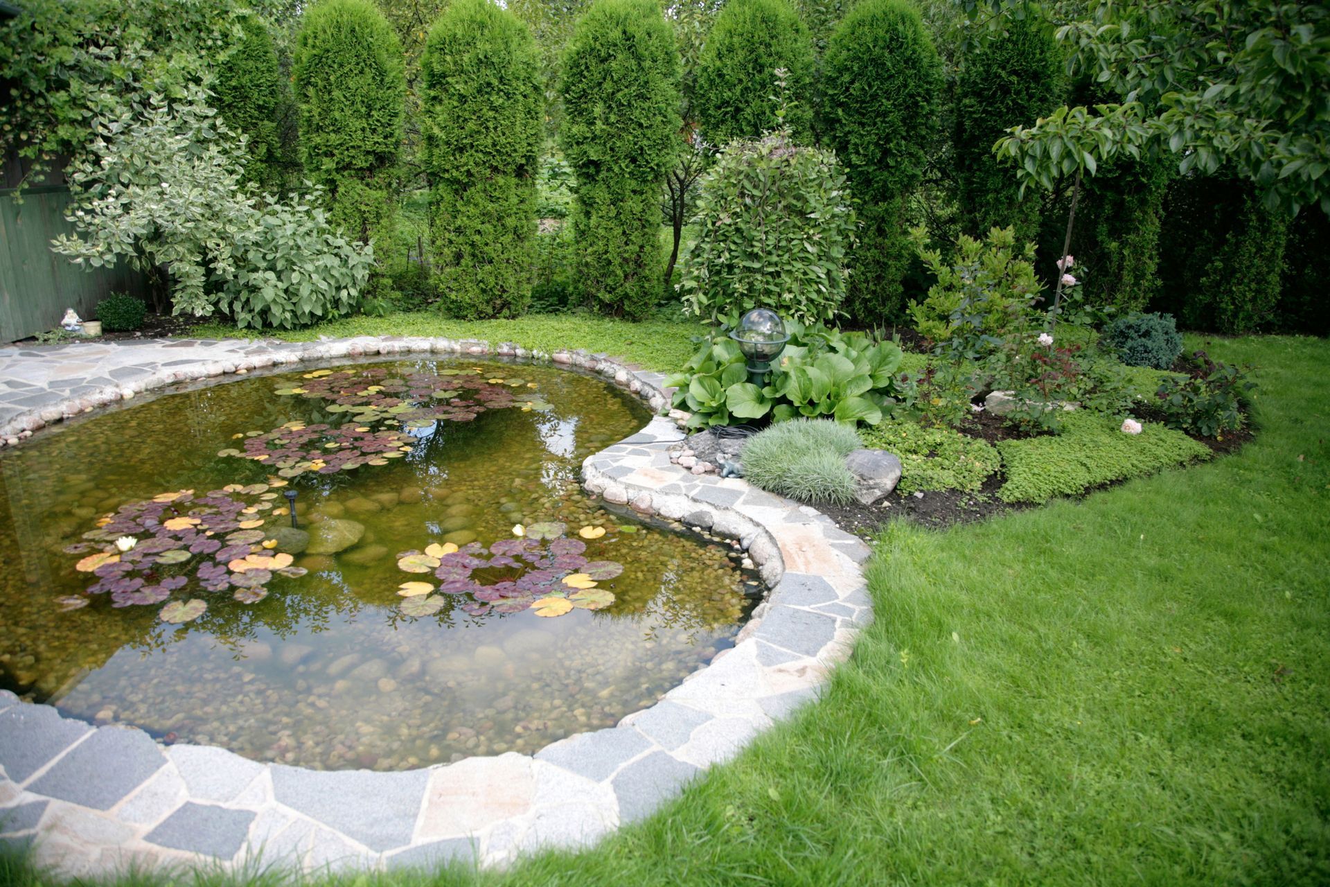 A pond with lily pads and a stone border, surrounded by greenery and a grassy lawn.