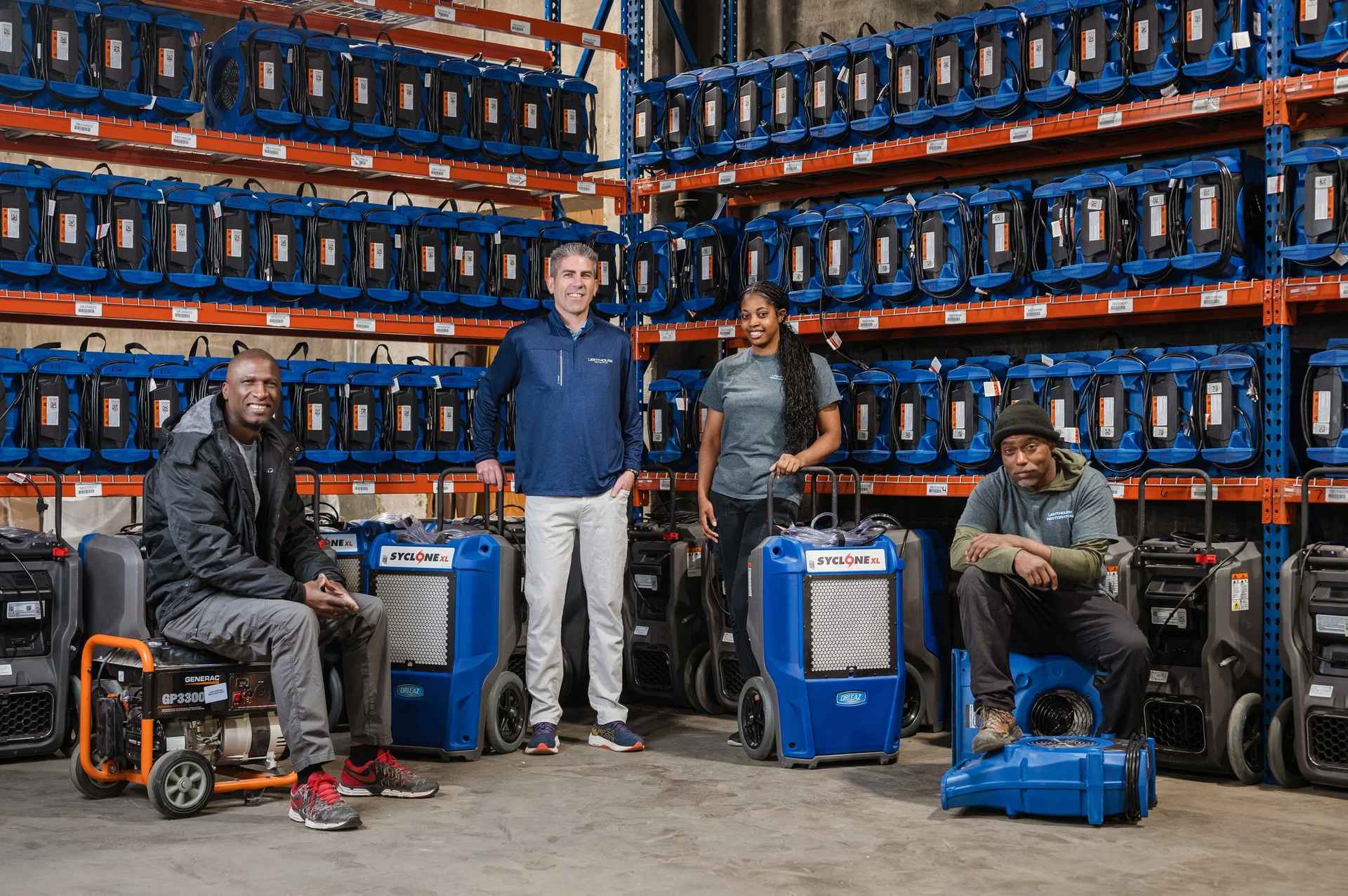Four people in a warehouse with stacked blue battery units and portable generators.