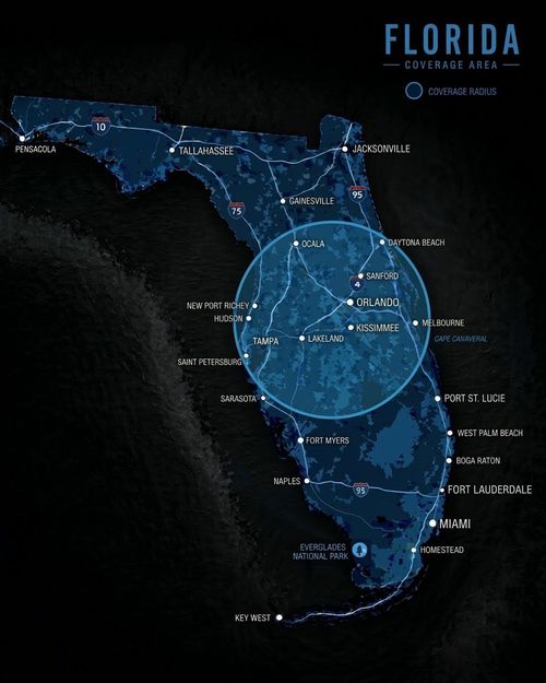 Blue map of Florida with city labels and a large highlighted central region.