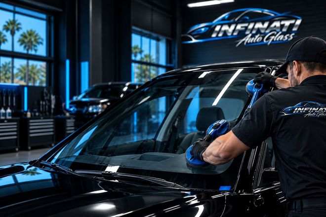 Detailer polishing a black Infiniti SUV inside a glossy showroom with blue lighting