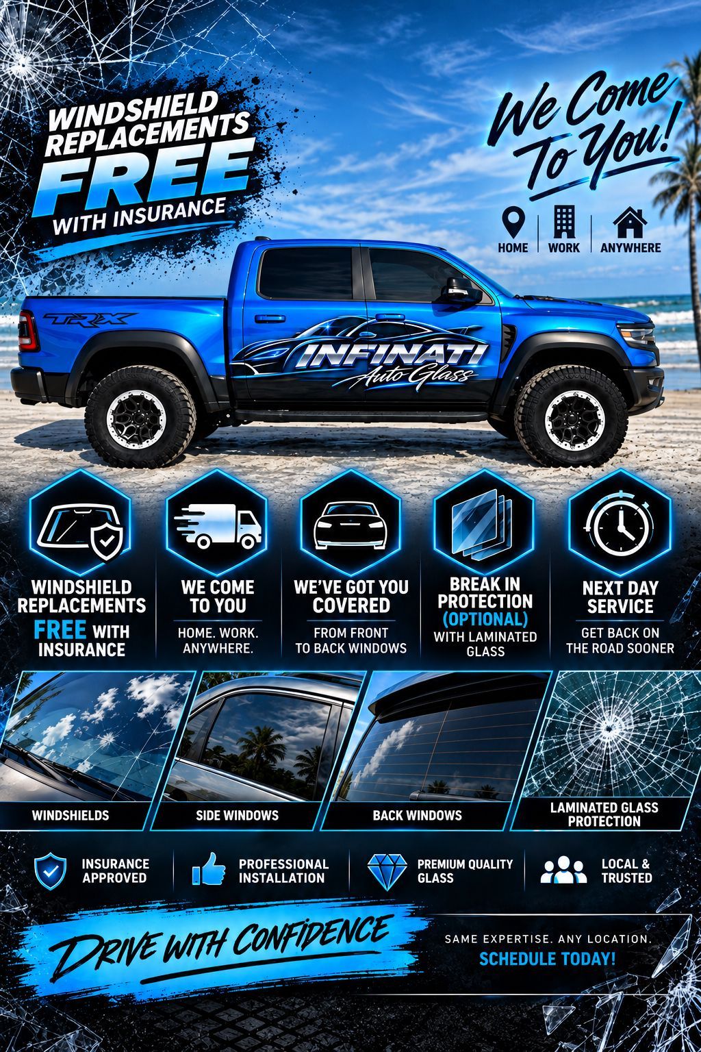 Blue SUV by the sea with “We Come To You” text and windshield replacement service details.