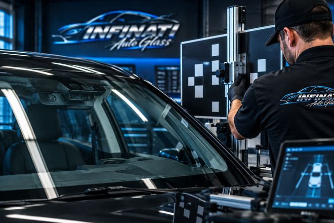 Auto glass technician using a calibration machine beside a black car in a repair shop