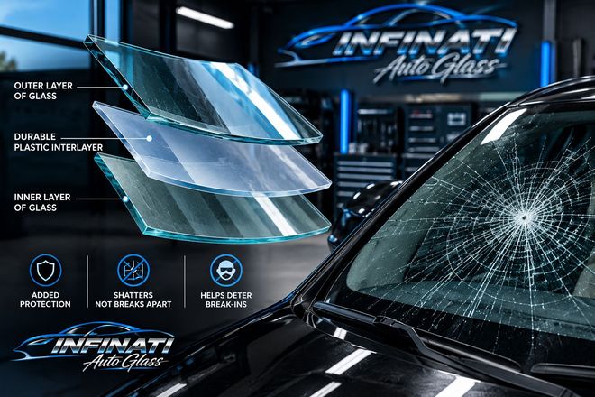Auto glass replacement ad with shattered windshield and layered glass panels in a dark blue shop setting