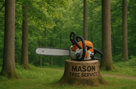 Chainsaw on a tree stump in a forest, with "Mason Tree Service" engraved on the stump.