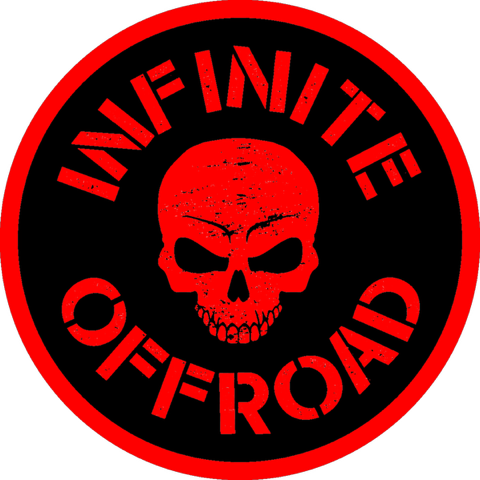 A red and black logo for infinite off-road