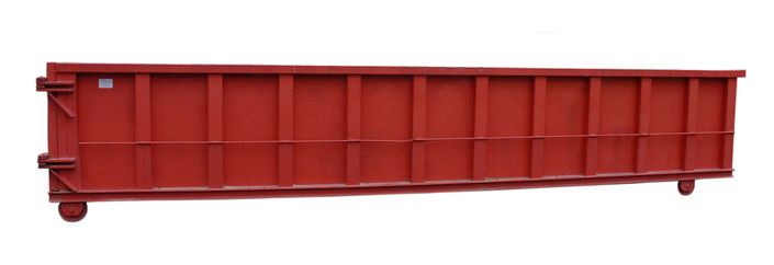Red industrial dumpster with wheels.