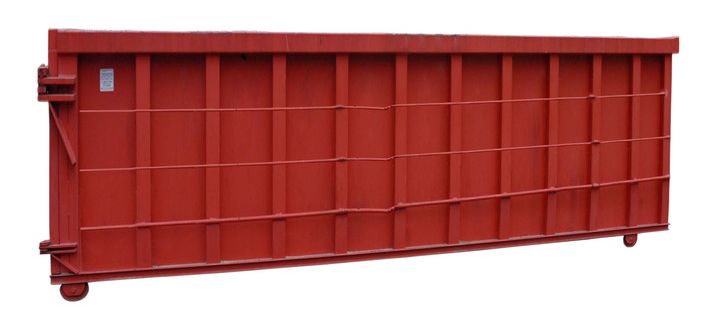 Red dumpster with a rectangular grid pattern.