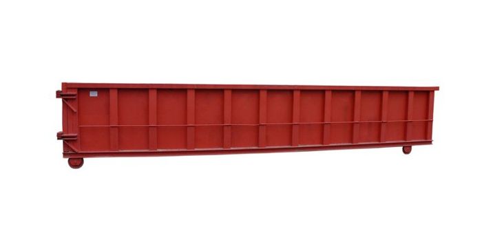 Red rectangular dumpster with vertical supports on a white background.