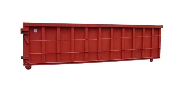 Red industrial dumpster with side supports and wheels.