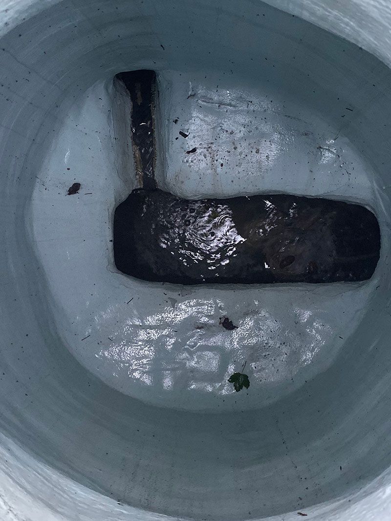 Top-down view of a dirty white sink drain with a dark L-shaped pipe section.