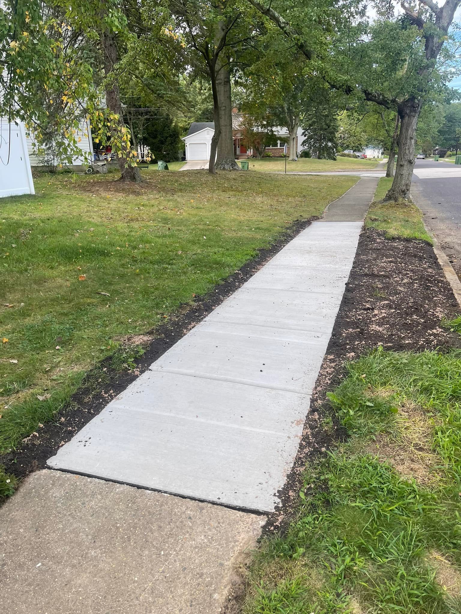 A concrete sidewalk is surrounded by grass and trees.