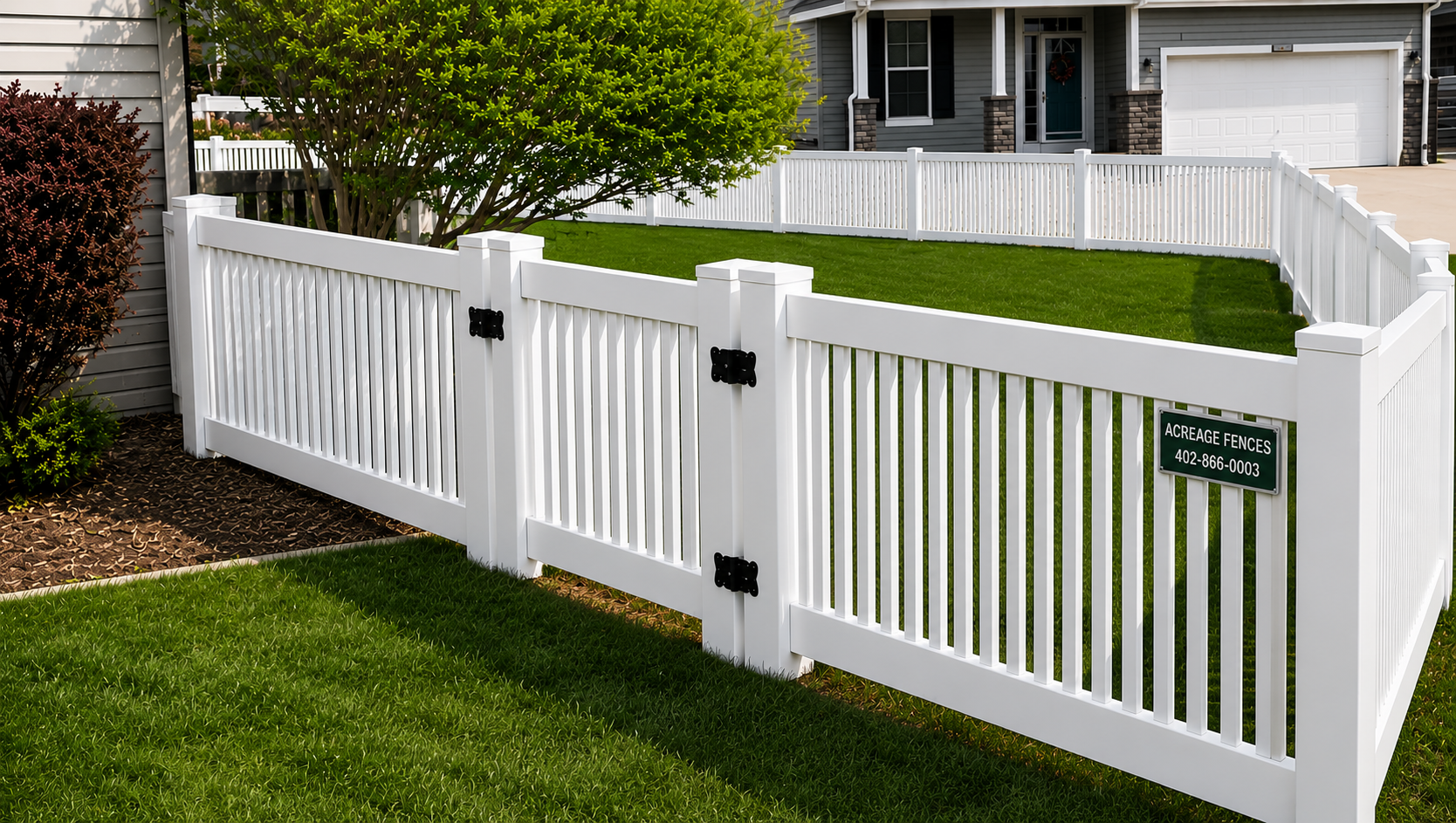 White vinyl picket fence with matching gate beside a green lawn in a suburban yard