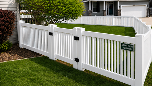 White vinyl yard fence with a matching gate along a green lawn and driveway.