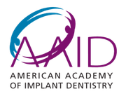 AAID logo with stylized figures, purple and blue swoosh, and text: American Academy of Implant Dentistry.