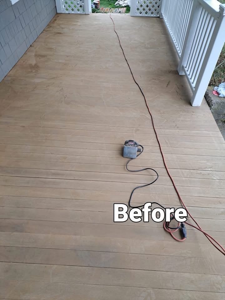 Wooden porch floor with a long crack and a corded power tool, labeled “Before.”