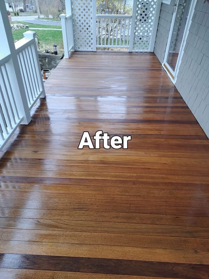 Freshly refinished wooden porch floor with a glossy brown finish and white railings, labeled “After”