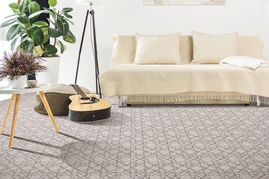 A cozy living room with a cream-colored couch, a guitar, a floor lamp, and a plant, all set on patterned gray carpet.