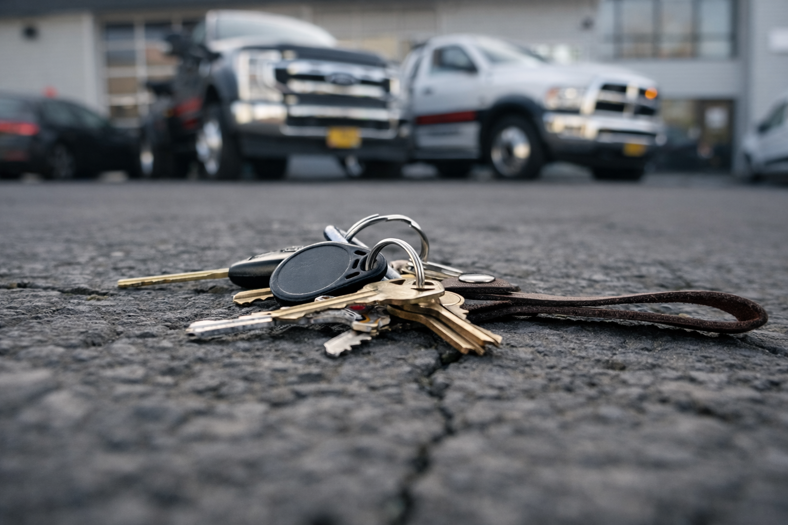Keys on cracked asphalt in front of two trucks.