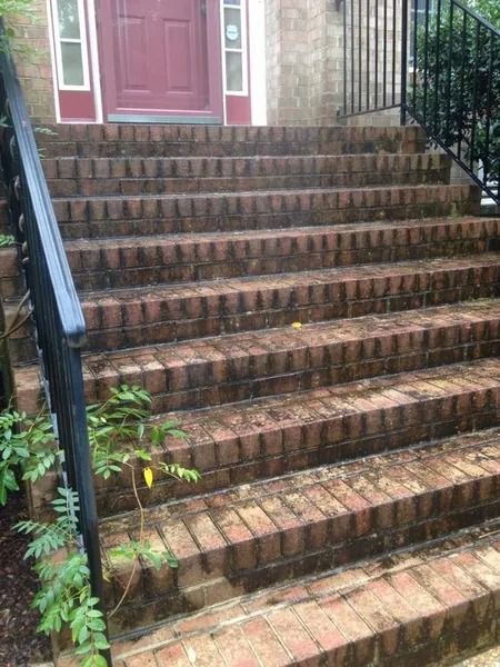 Brick staircase leading to a pink front door with black railings and plants on the side