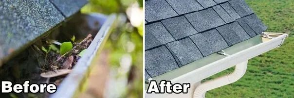 Before-and-after of a roof gutter clogged with debris, then cleaned and flowing freely.