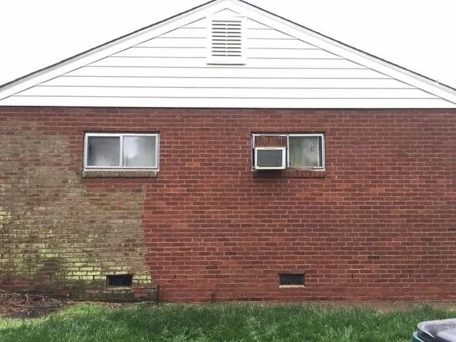 Brick house side wall with two small windows, white gable trim, and some moss on the left side.