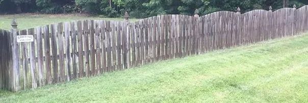 Weathered wooden fence along a grassy yard with trees in the background