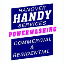 Hanover Handy Services logo with “powerwashing” and “commercial & residential” in blue and pink