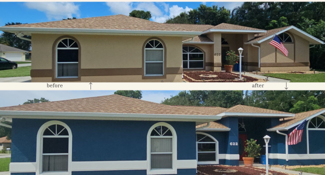Before and after view of a house painted from beige to blue with white trim; American flag.
