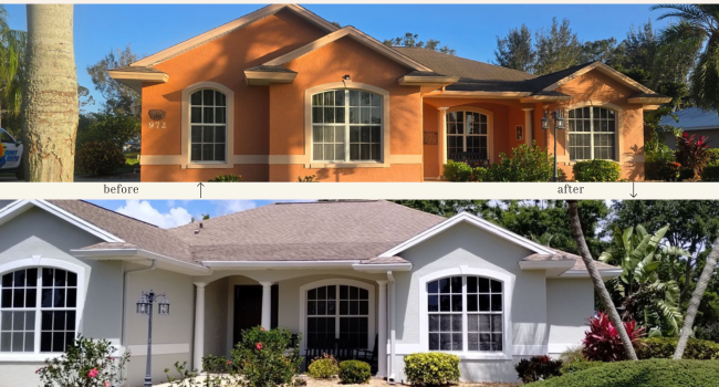 House exterior before and after renovation. The original is orange, and the renovated is light grey.