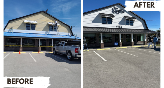 Before-and-after of a building exterior renovation, yellow/blue to white/black, awning change, updated parking lot.