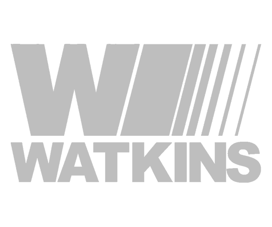 Gray Watkins logo with stylized W and diagonal stripes on white background