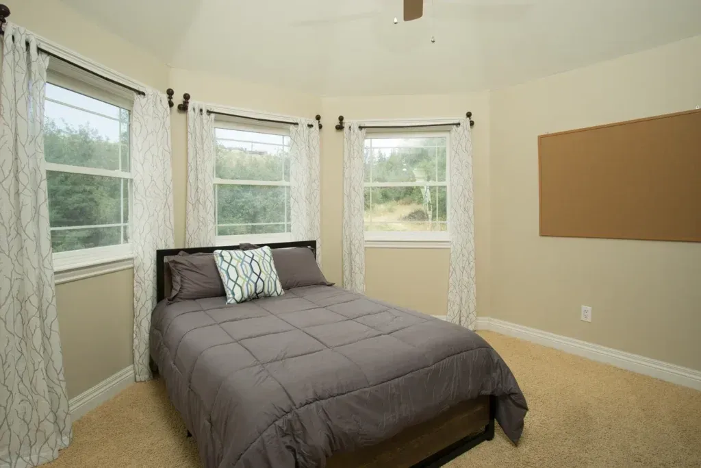 A bedroom with a bed , two windows and a ceiling fan.