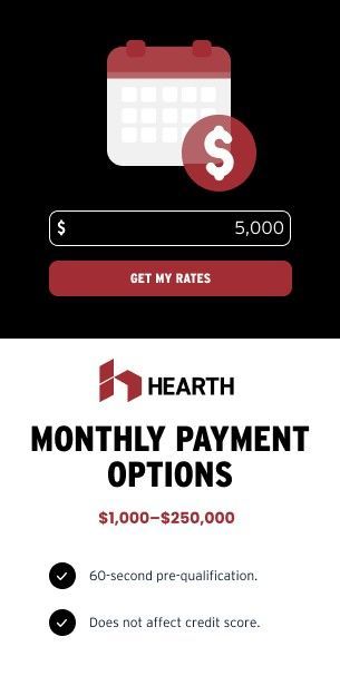 Hearth monthly payment options graphic with white calendar, red accents, and $1,000-$250,000 loan range