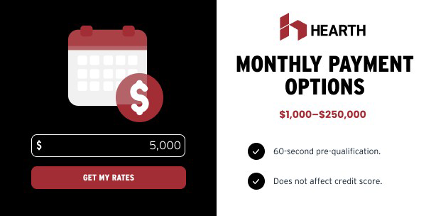 Hearth monthly payment options graphic with red calculator icon and $1,000–$250,000 loan range