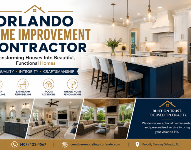Orlando home improvement contractor ad with modern kitchen remodel and service icons on a beige banner