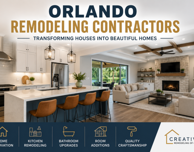 Orlando remodeling contractors ad with modern kitchen and living room interior, navy and gold branding.