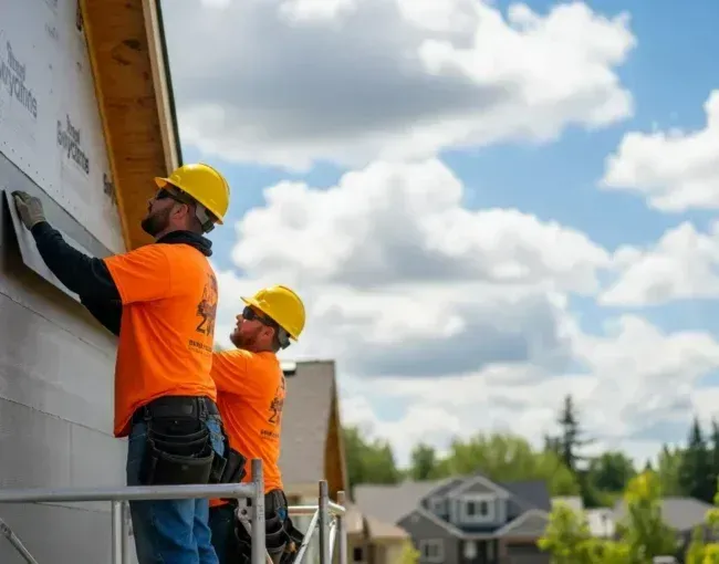 Two workers in orange safety vests and yellow hard hats installing siding on a house exterior.