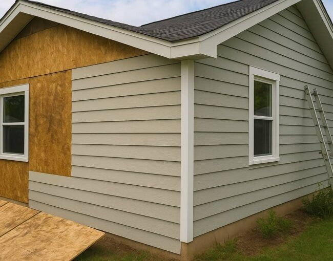 Exterior of a house addition with beige vinyl siding, white trim, and a small window