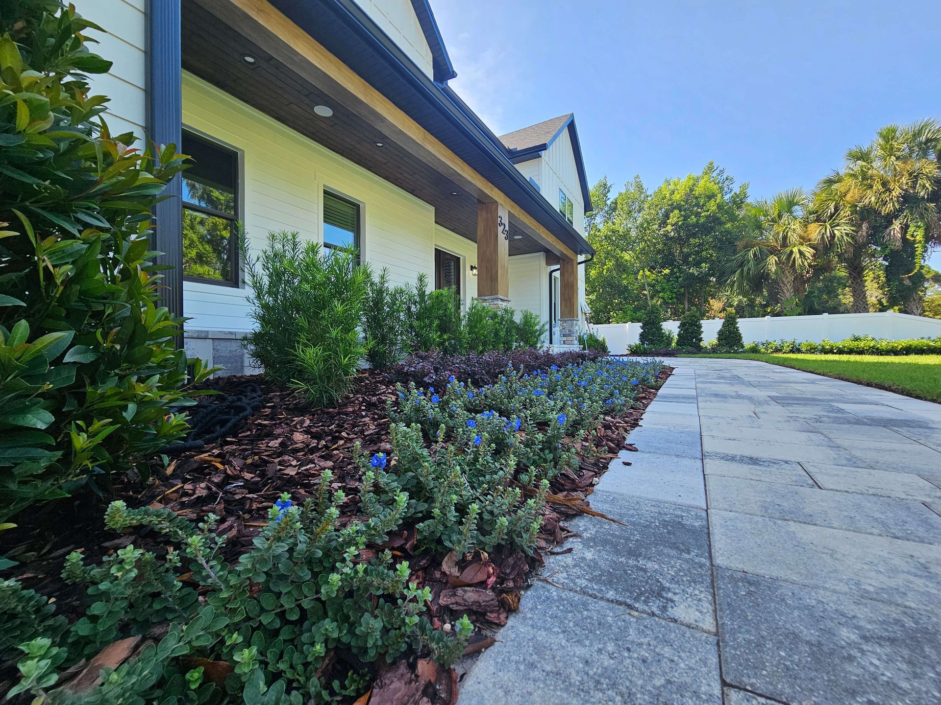 Walkway beside a white building with shrubs and flowers in a sunny landscaped garden