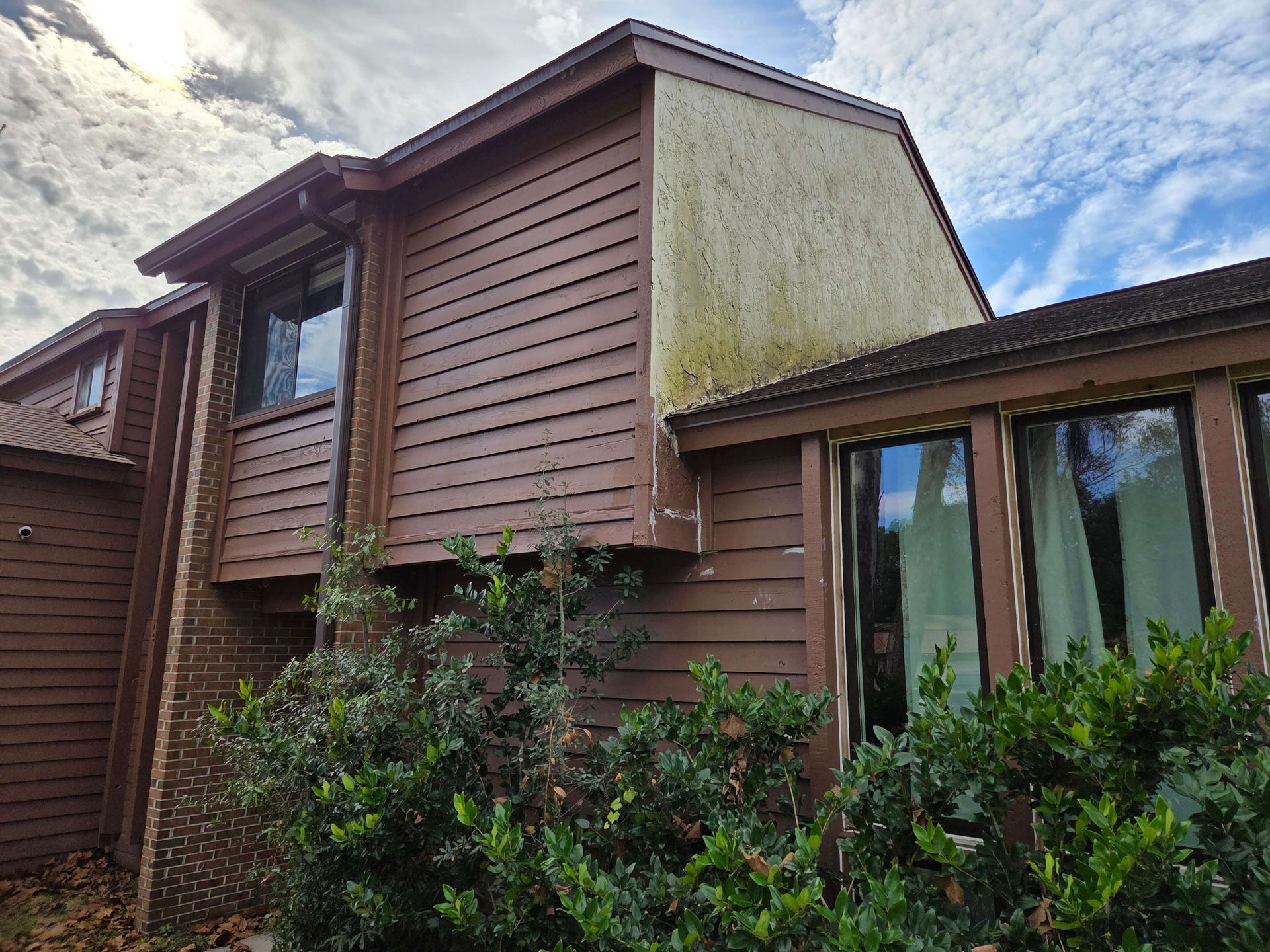 Brown house exterior with a weathered, pale upper wall and greenery in front