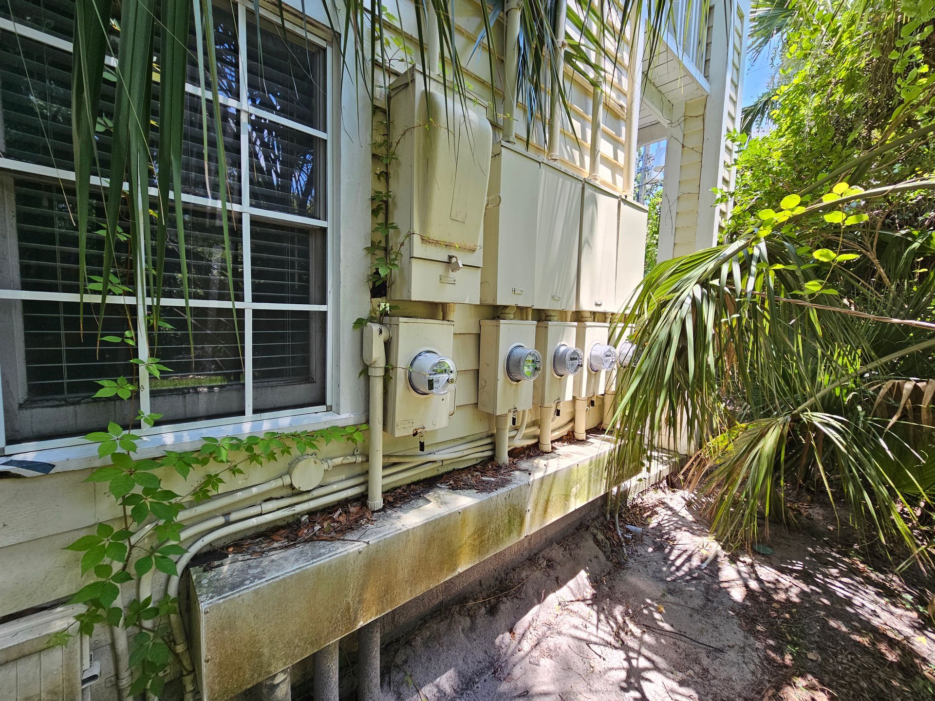 Outdoor utility meters and pipes mounted on a house wall beside a window and overgrown plants