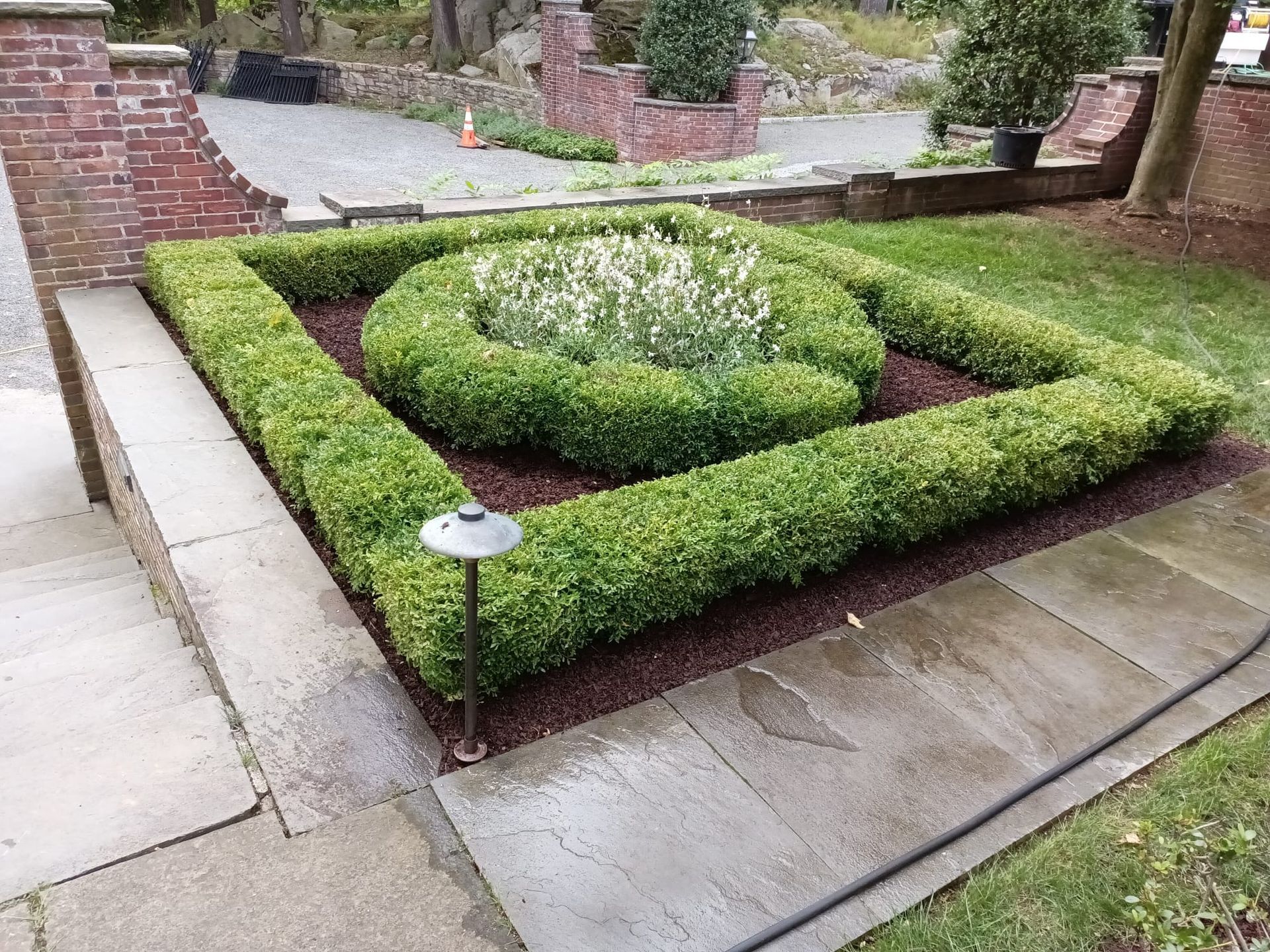 trimmed bushes in geometric pattern next to a paver walkway
