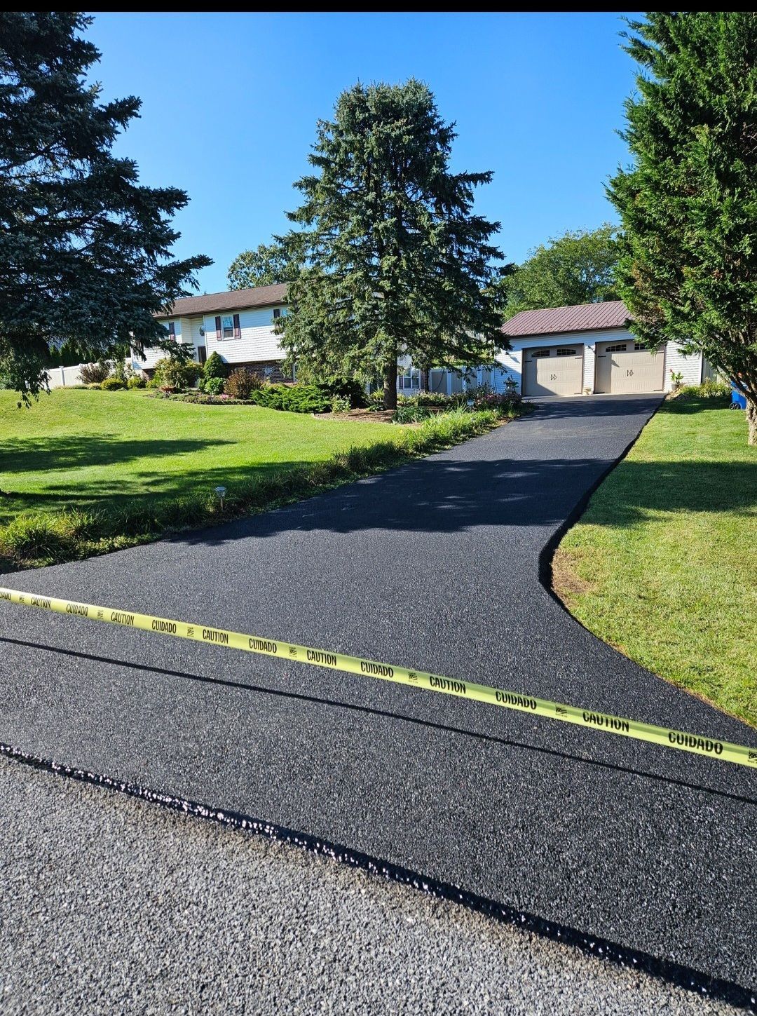 A driveway leading to a house with trees on both sides