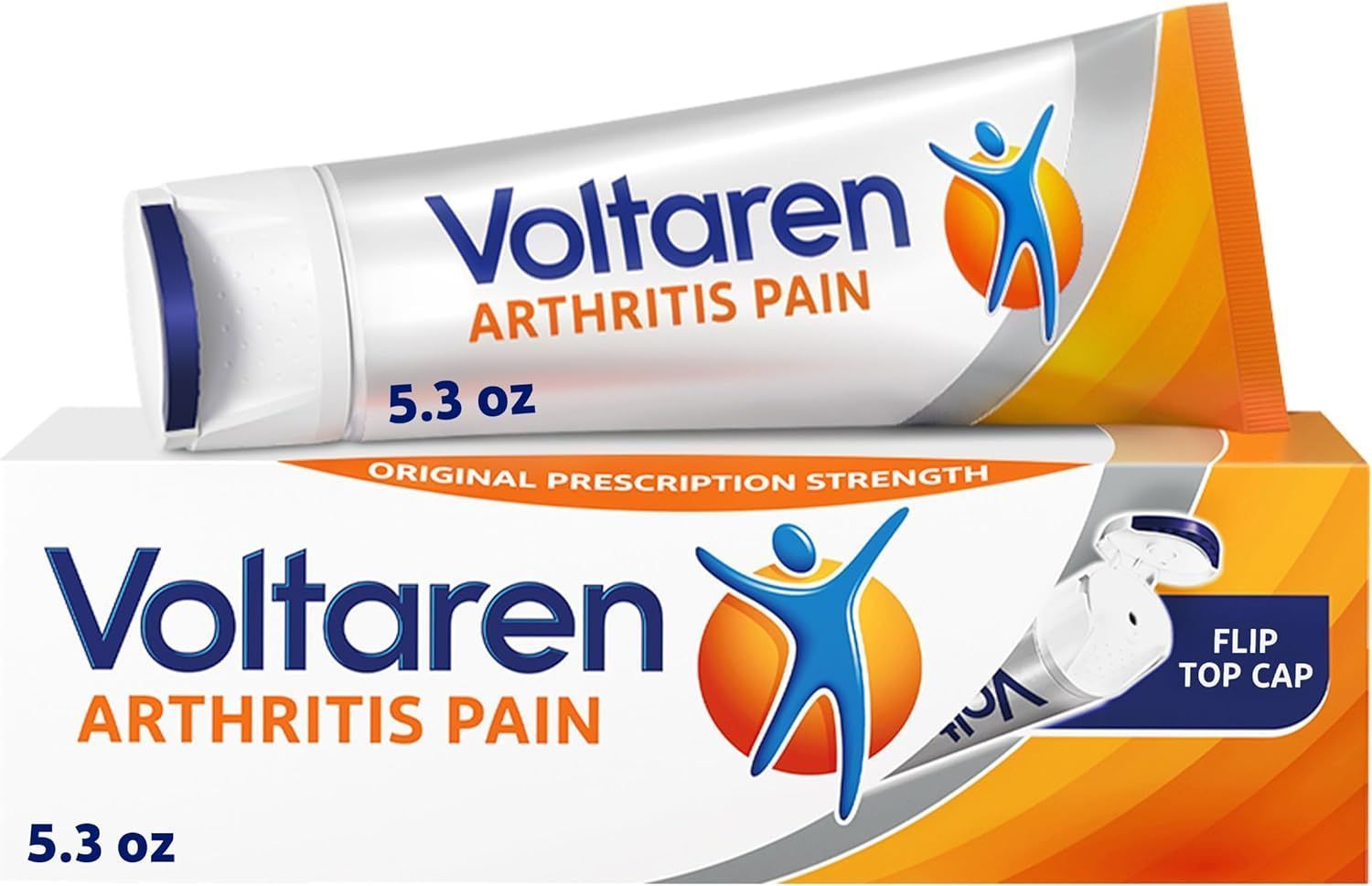 Voltaren Arthritis Pain cream tube and box, orange and white, with a blue stick figure graphic.